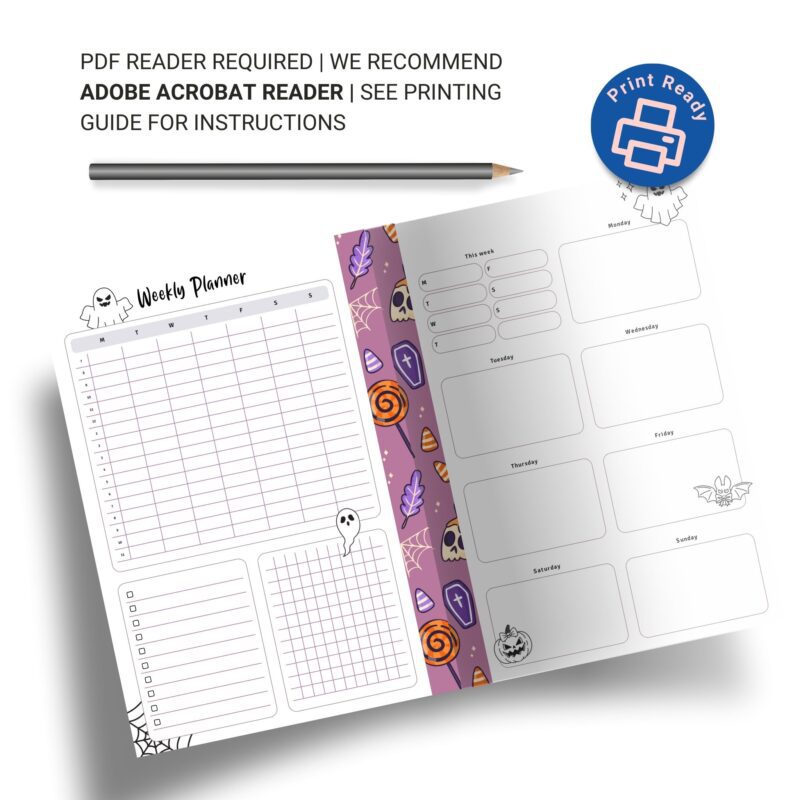 A5 Halloween planner insert laid flat on desk