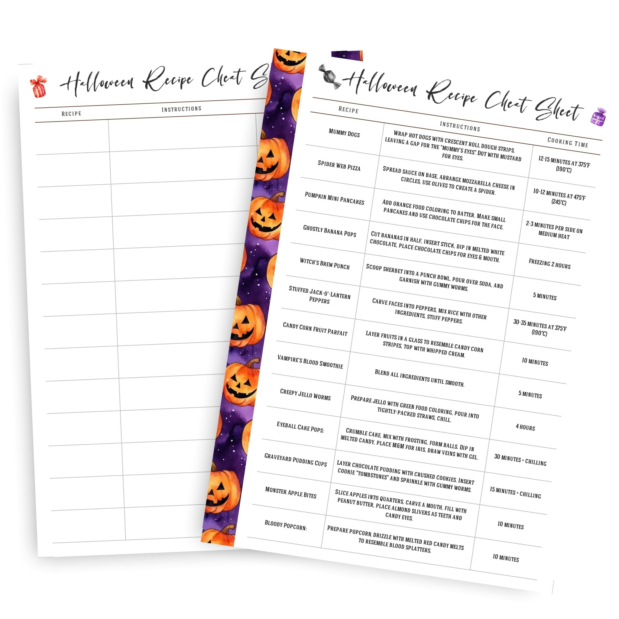 A5 spooky recipe insert with cooking times
