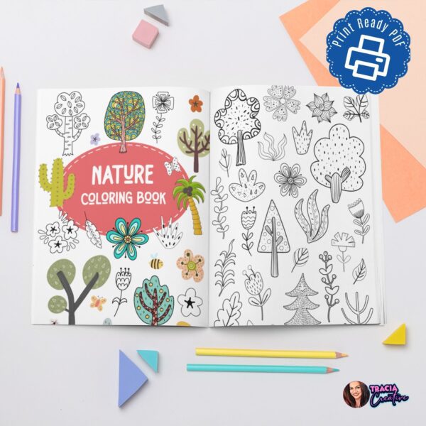 Nature Coloring Book cover page with botanical design