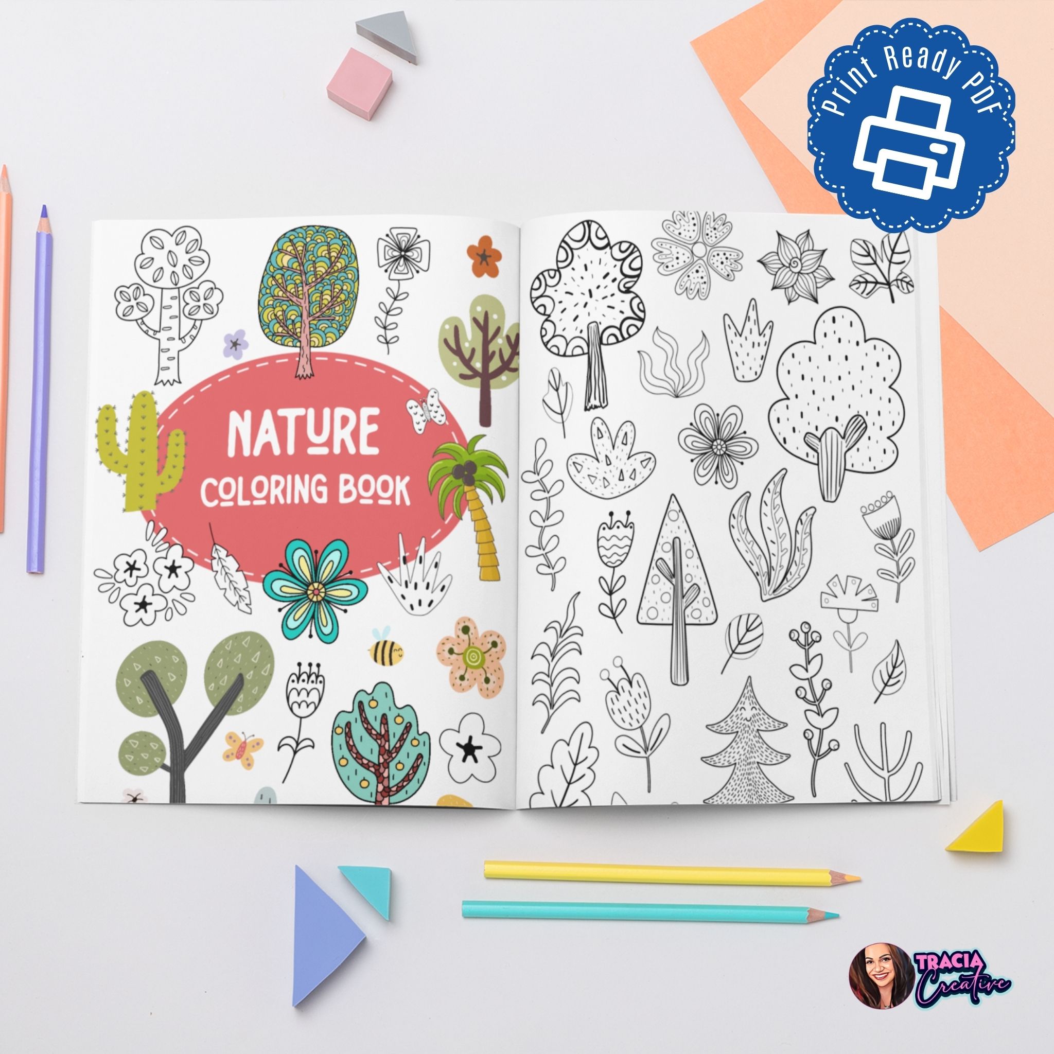 Nature Coloring Book cover page with botanical design