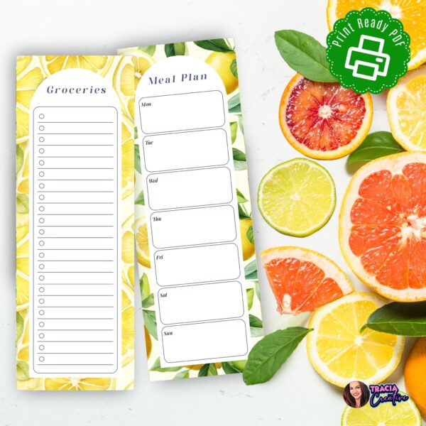 Printable meal plan and grocery list A5 PDF lemon design