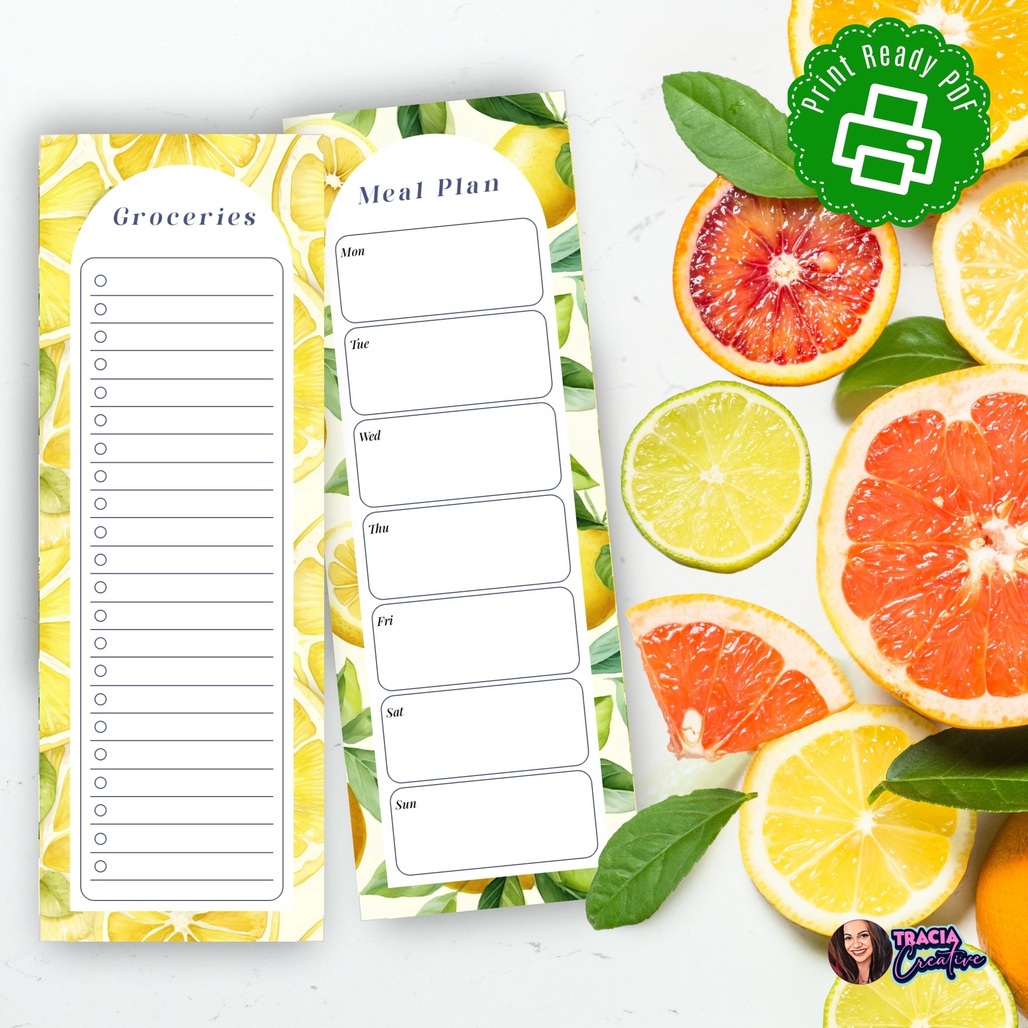 Printable meal plan and grocery list A5 PDF lemon design