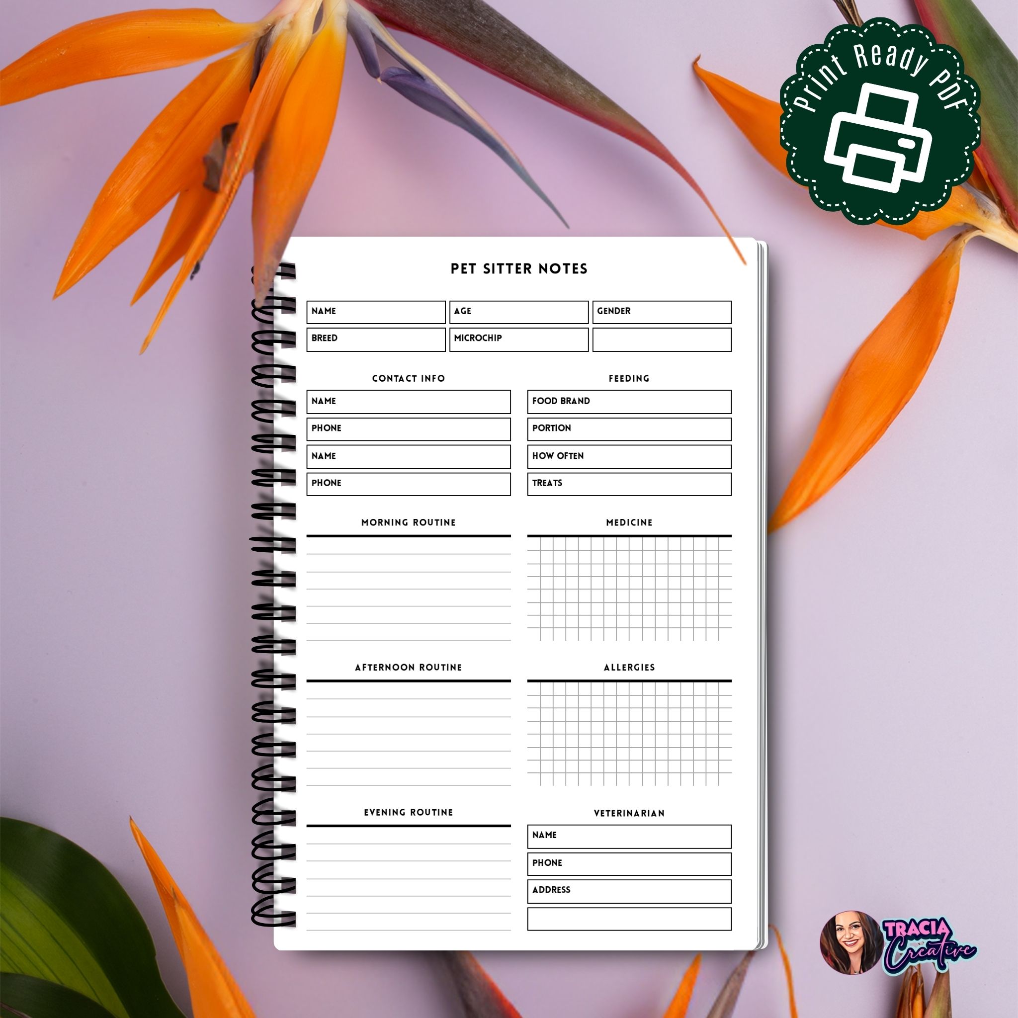 Pet Sitter Notes A5 printable PDF minimalist