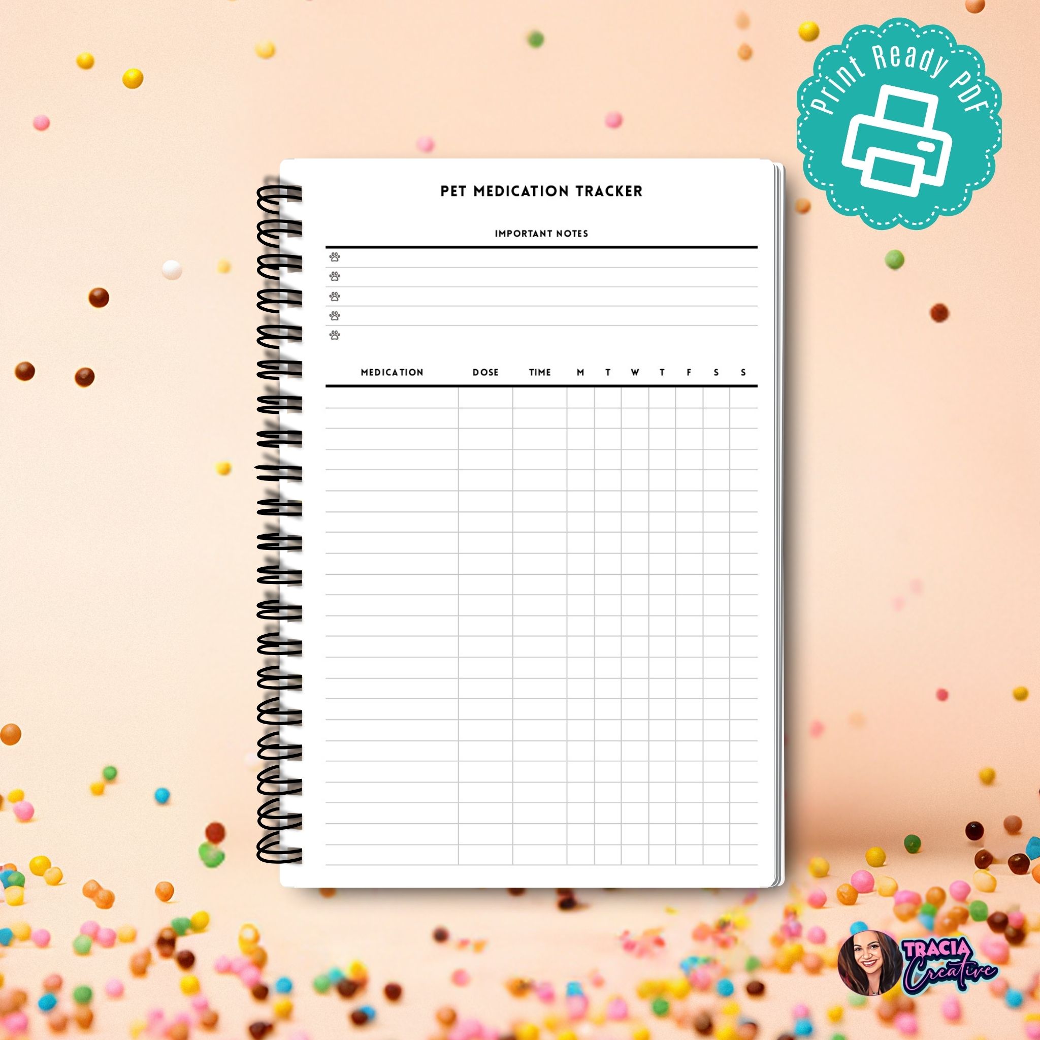 A5 Pet Medication Tracker printable PDF two page set
