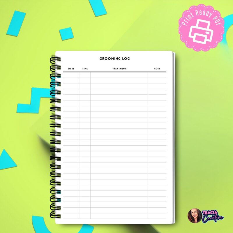 Pet Grooming Log minimalist A5 printable PDF