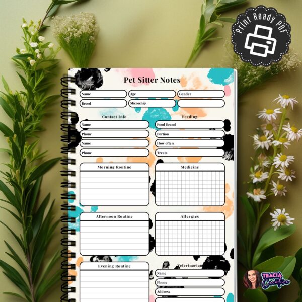 Pet Sitter Notes A5 printable PDF with care sections