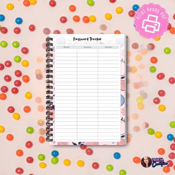 A5 Password Tracker printable PDF with website username password notes