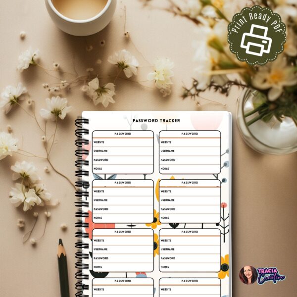 Wild Flowers Password Tracker A5 printable pages