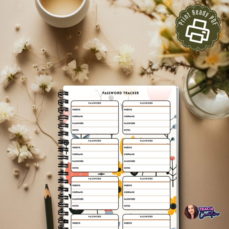 Wild Flowers Password Tracker A5 printable pages