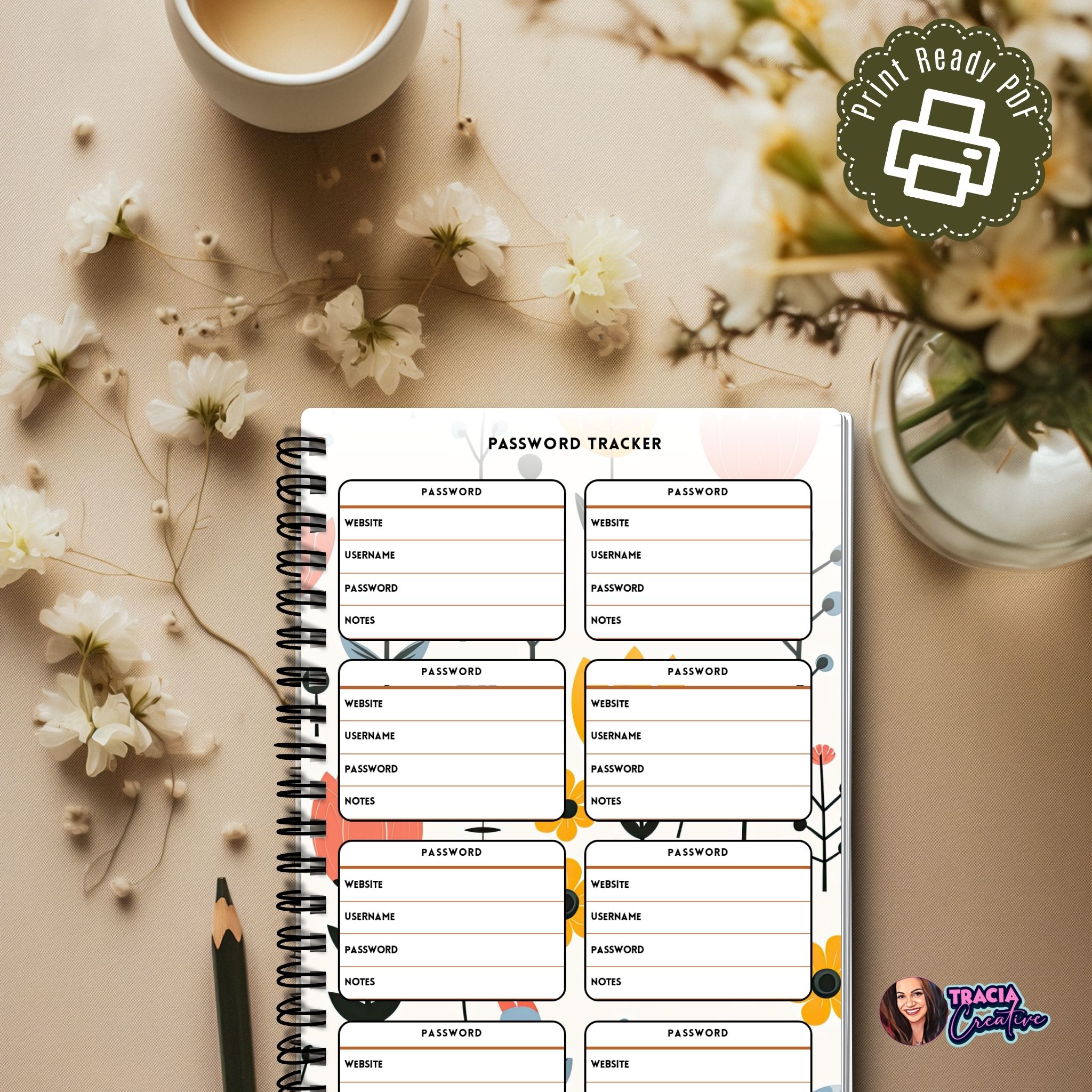 Wild Flowers Password Tracker A5 printable pages