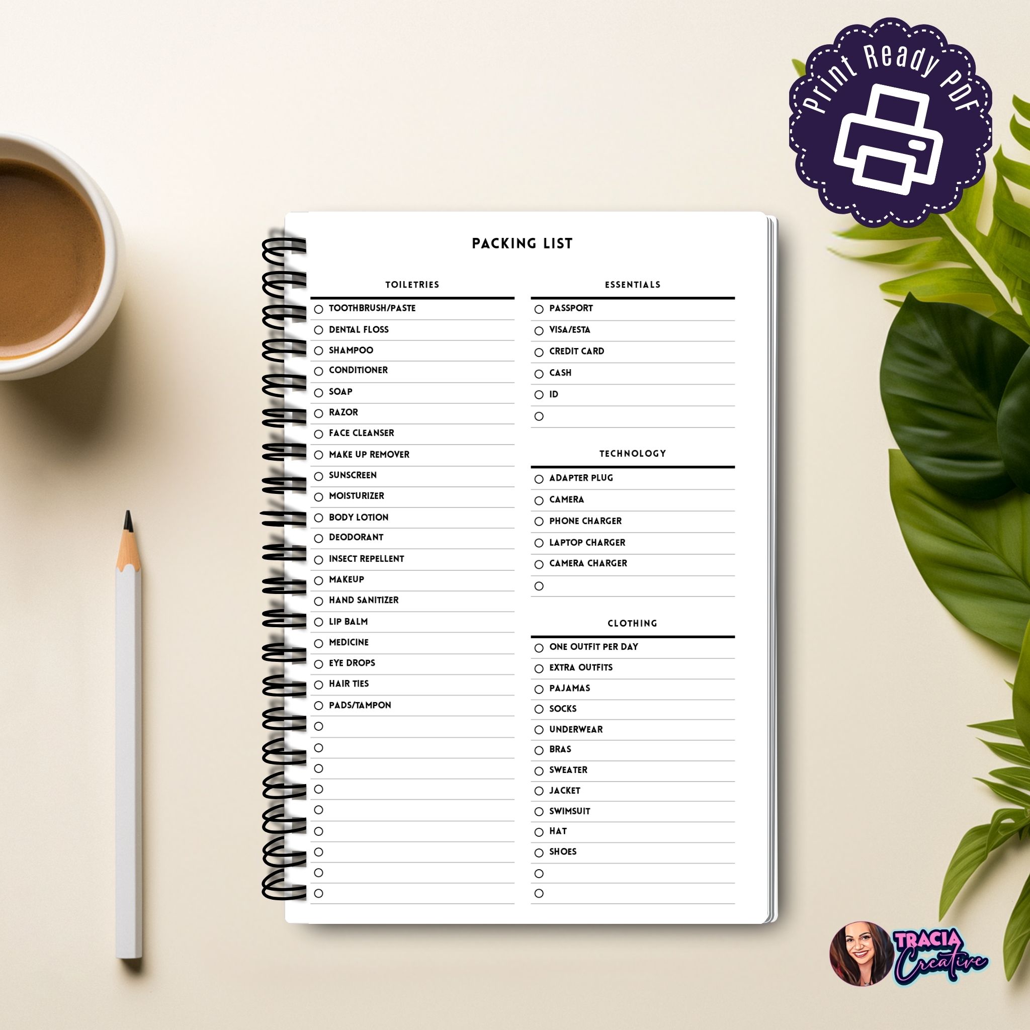 Packing List Travel Planner Insert A5 minimalist design