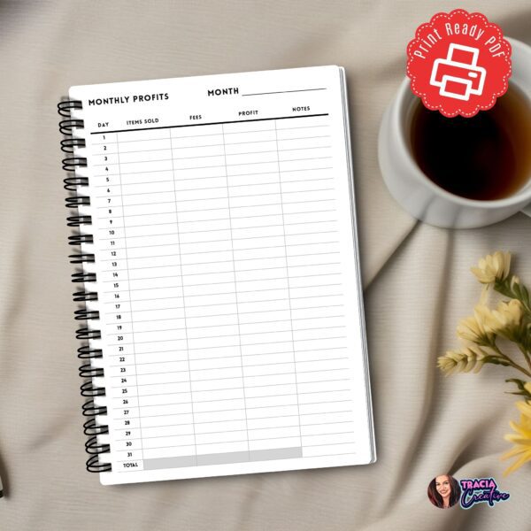 Monthly Profit Planner A5 printable for small business