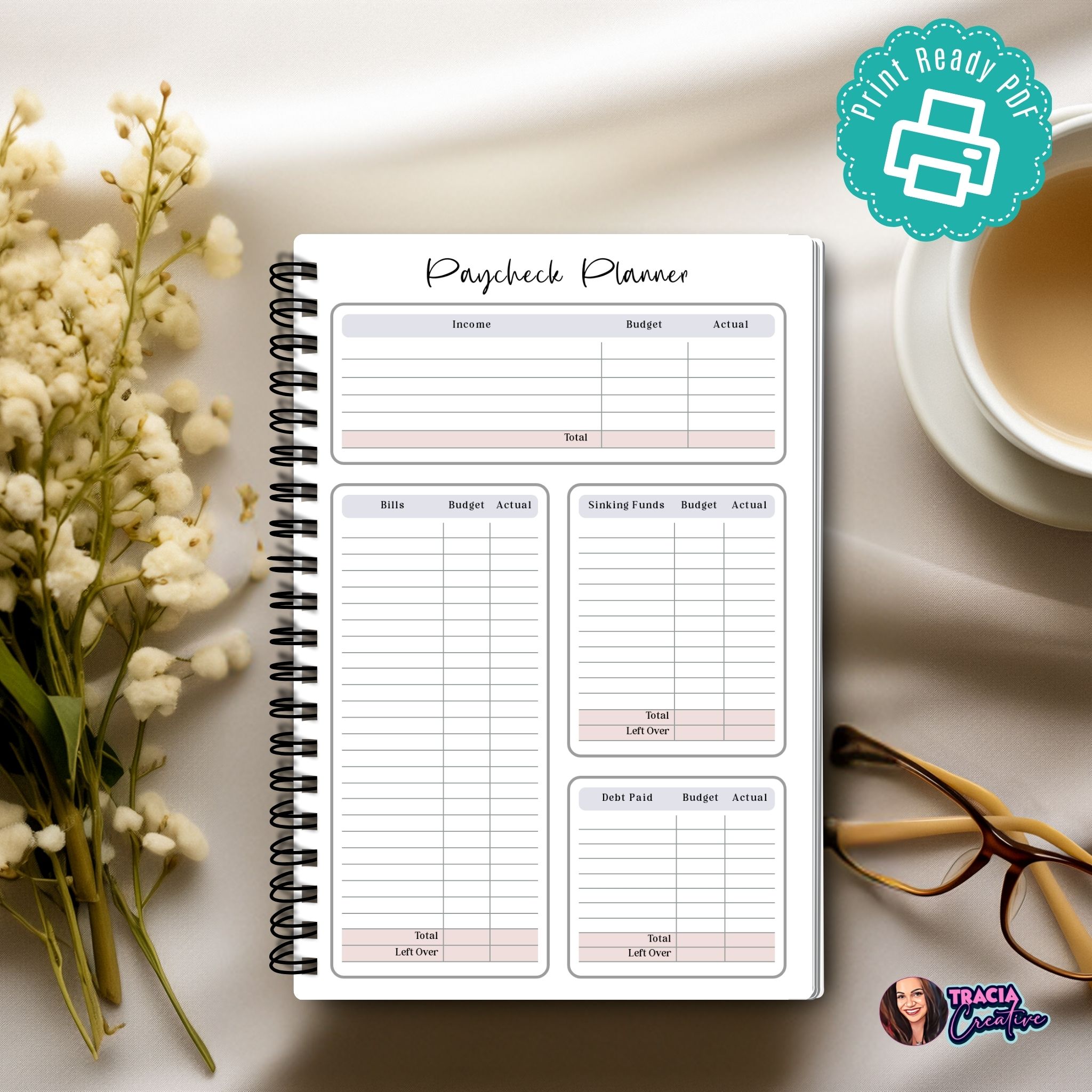 A5 Paycheck Planner printable on desk