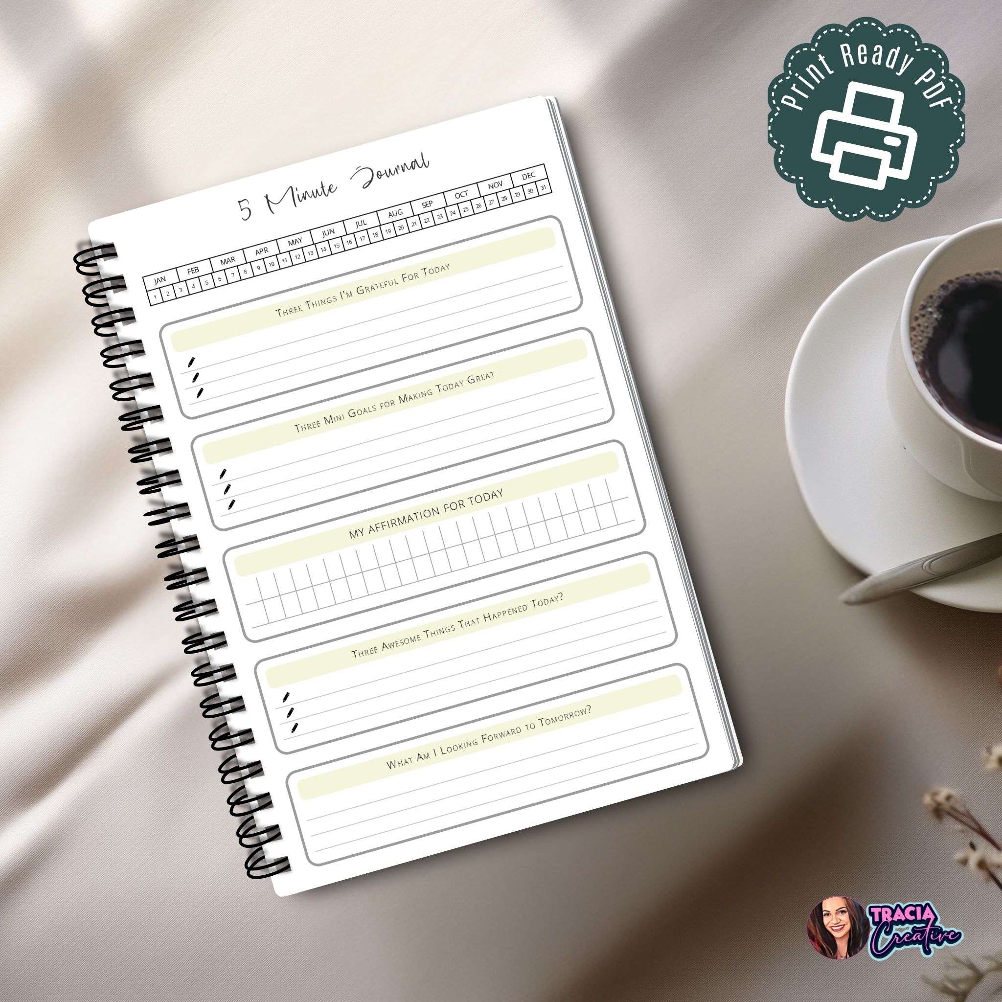 A5 5 Minute Journal Printable on desk