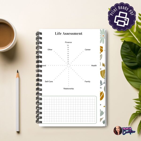 Life Assessment Tracker printable on desk with flowers