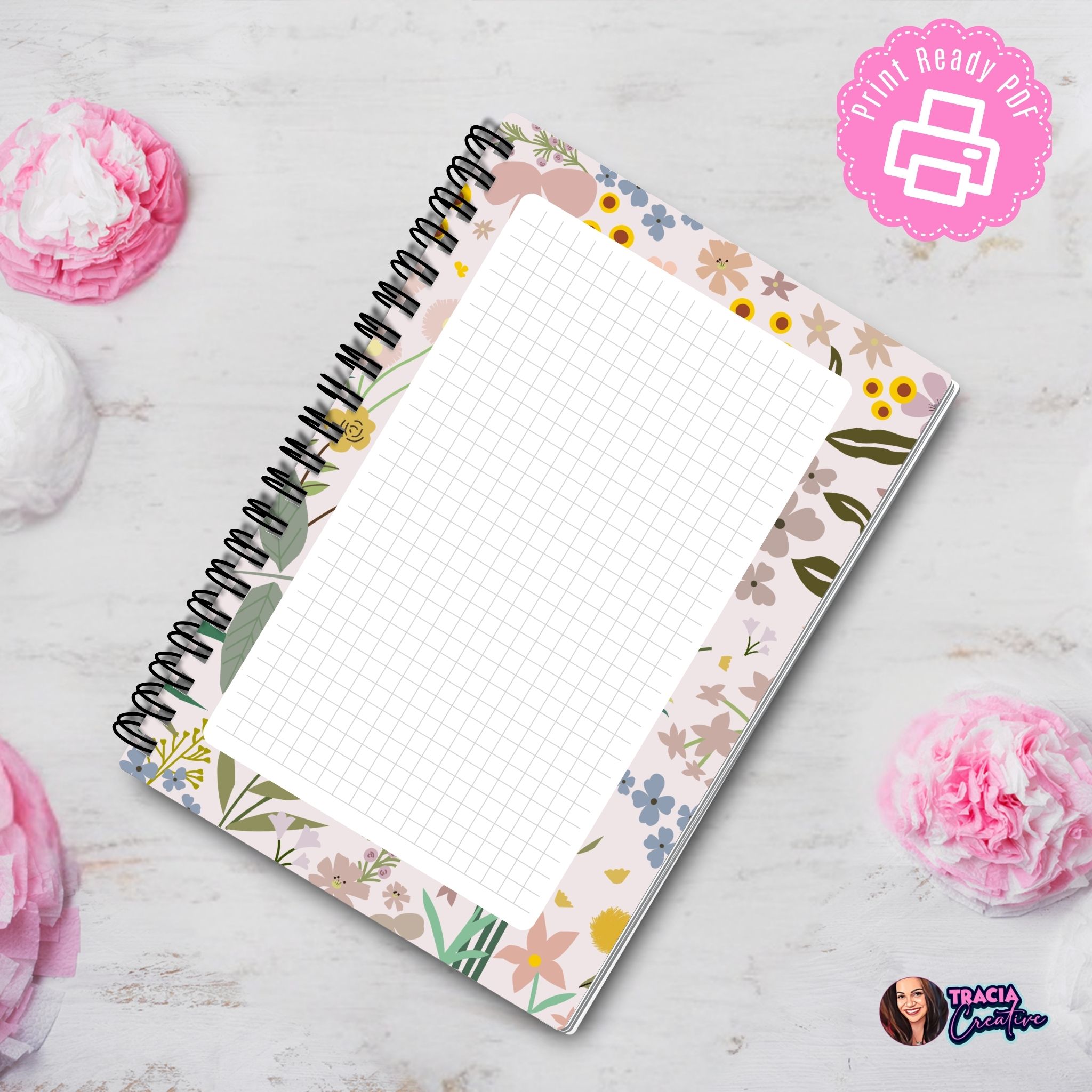 A5 grid notes printable page with garden design