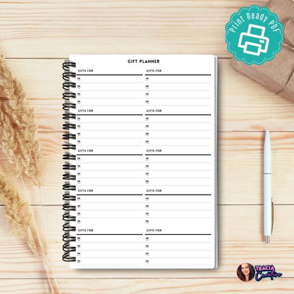 A5 gift planner printable sheet with column layout
