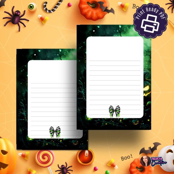 Printable Halloween postcard with green skulls