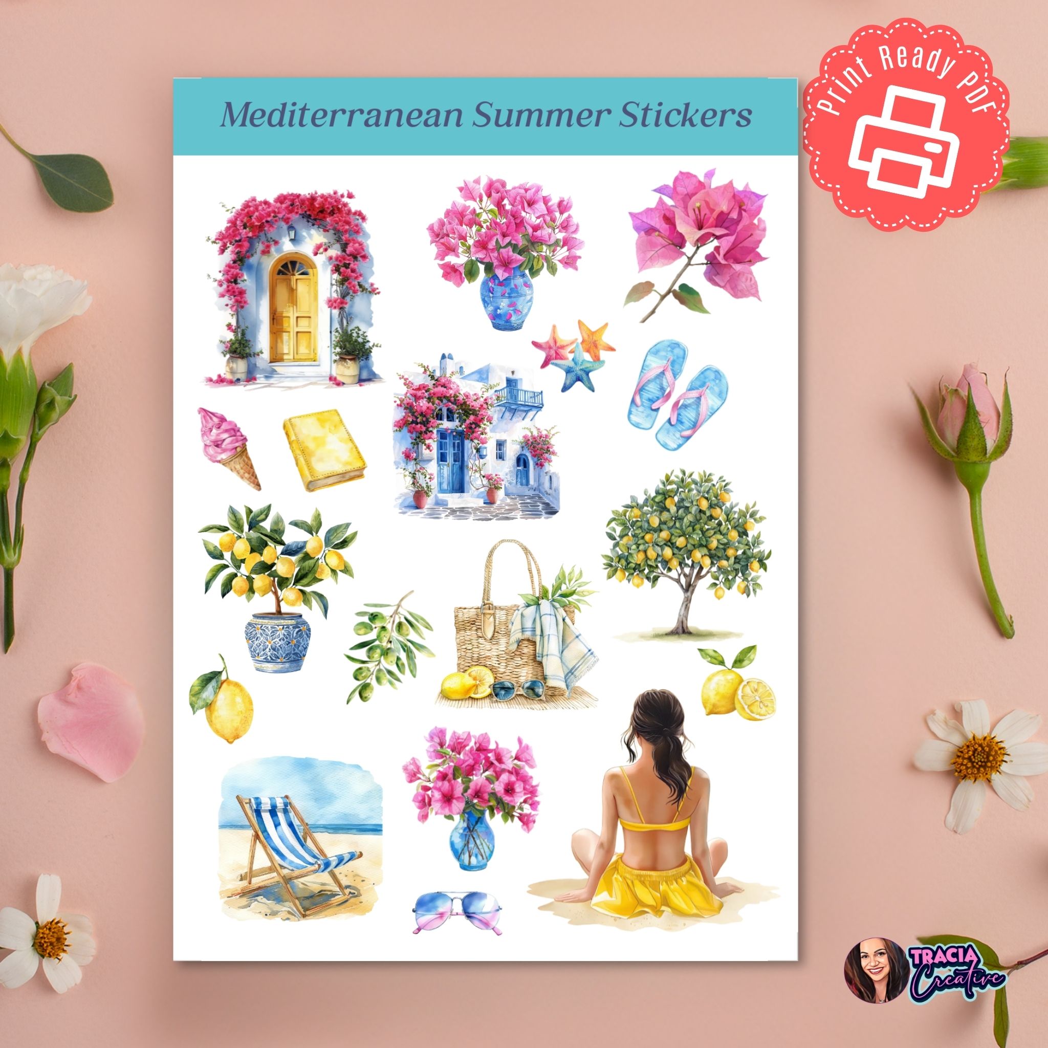 Mediterranean summer stickers printable A5