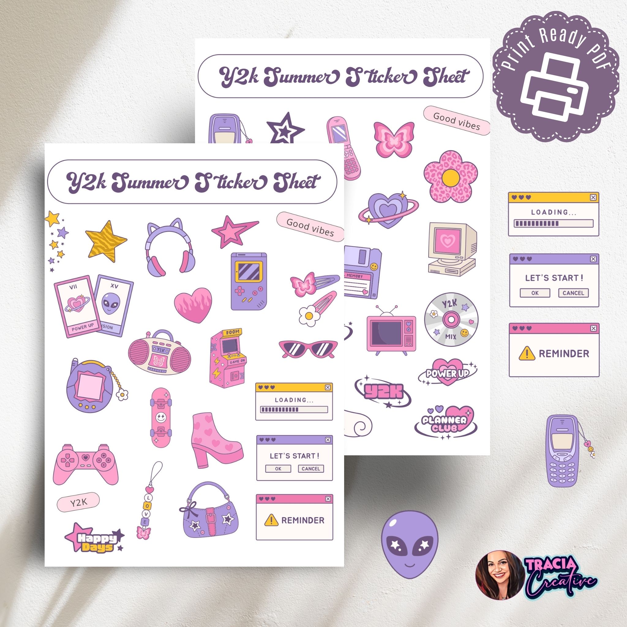 Y2K summer sticker sheet PDF with retro icons